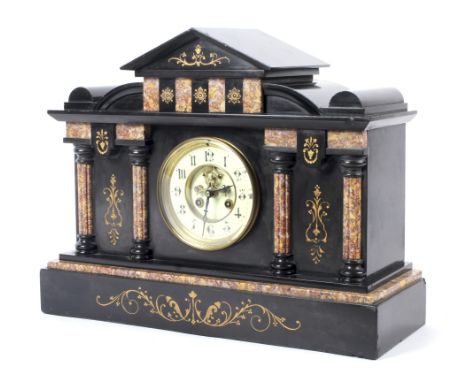 A large late 19th century slate mantel clock. The enamel dial with Arabic numerals denoting hours, marble inlaid decoration t