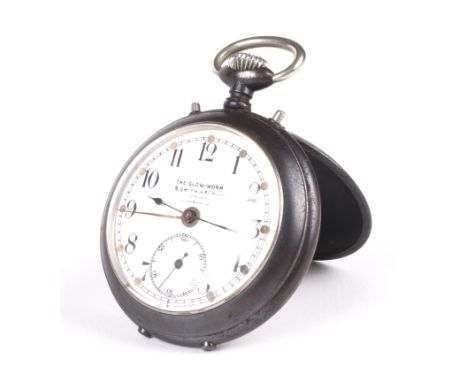 An early 20th century gun metal cased open faced pocket watch/alarm 'The Glow-Worm'. By S Smith &amp; Son Ltd, the enamel dia