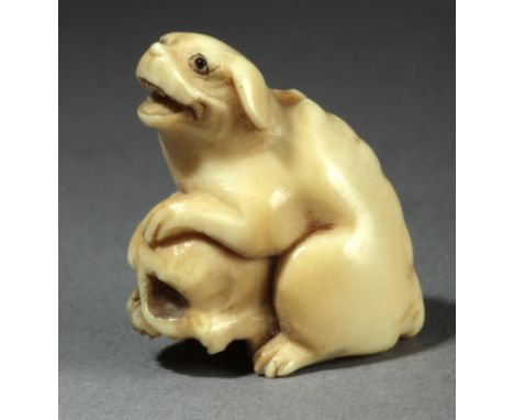 A Japanese ojime circa 1800 from Edo period. In carved elephant ivory portraying a puppy with horn eyes playing with a skull,