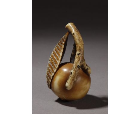 A mid 19th century Japanese netsuke from Edo period. Signed Mitsushige on a side. In carved elephant ivory depicting a fruit 