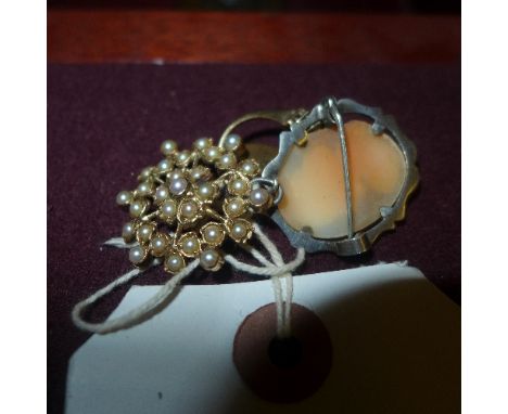 A 9ct gold cluster ring cameo, seed pearl broach and a locket