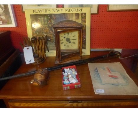A Dover St London oak bracket clock, walking sticks, Odeon programme and a wool stretcher
