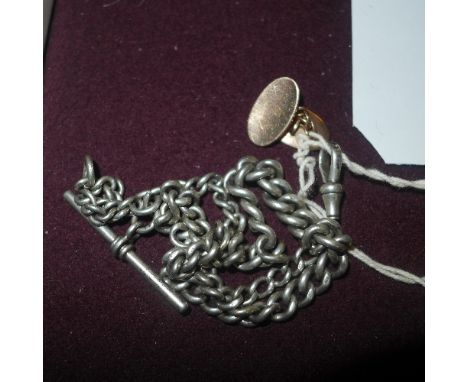 A silver Albert chain, 9ct gold cuff links and two enamel badges