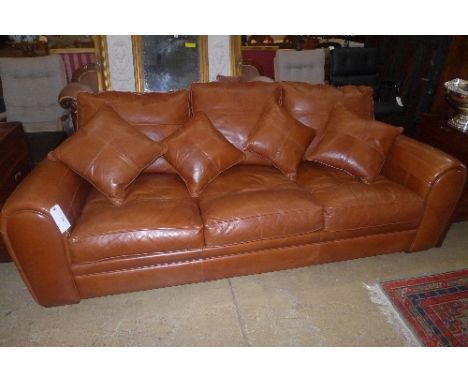 A Ralph Lauren style three seater tan leather sofa on block feet W 235 D 110 H 90 cm