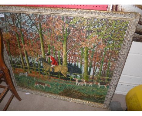 An oil on board entitled ''At the edge of the wood'' hunting scene in gilt frame