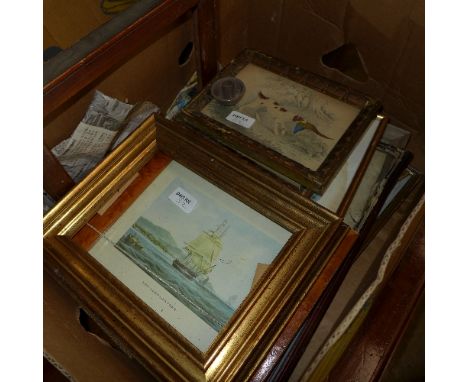 A collection of prints including a pair of hunting prints and a maple framed print of a ship