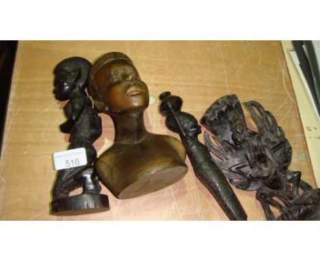 Vintage carved hardwood Indonesian deity figure, African tourist art carved busts