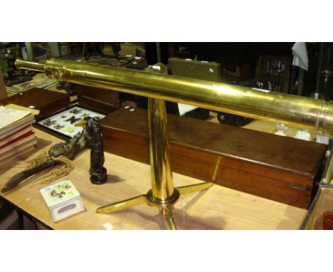 Good 19th century brass telescope by Ross on tripod feet in hardwood box