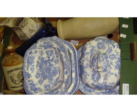 Assorted blue and white china, glassware etc.