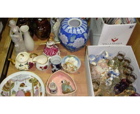 2 x boxes of decorative china glass ware, figurines, table lamp & CDs