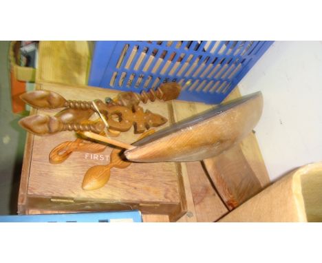 Vintage pond yacht base, wooden box, loving spoon & Spitfire pictures.