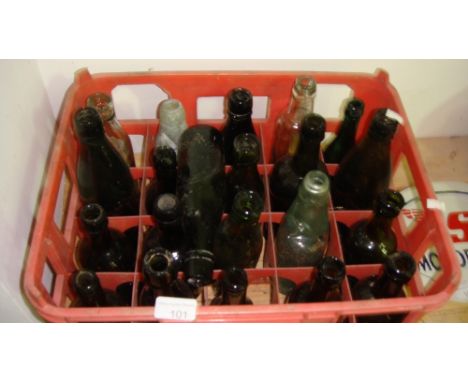 Box of assorted antique and vintage advertising beer bottles