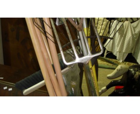 Box of oddments, sack trucks, sun lounger, garden tools,  etc.