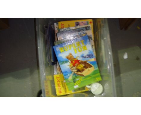 Box of Rupert annuals, empty Whitman coin folders & Chinese resin walking stick etc.