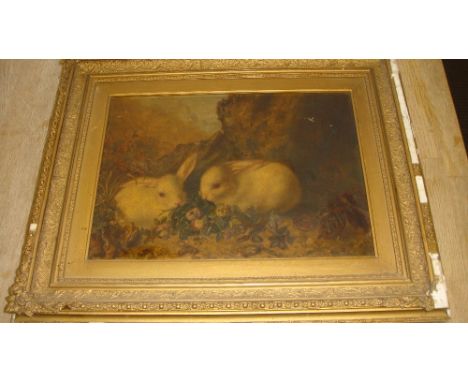 19th century oil on canvas English School Rabbits Country Landscape in gilt gesso frame with a Whaites of Manchester Fine Art