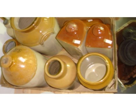 Box of antique and vintage stoneware hot water bottles & jars etc.