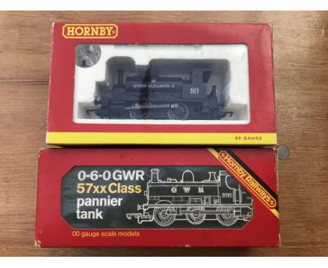 Hornby railway, boxed locomotives, OO gauge, GWR 0-6-0 57XX class pannier tank and Queen Elizabeth II tank engine
