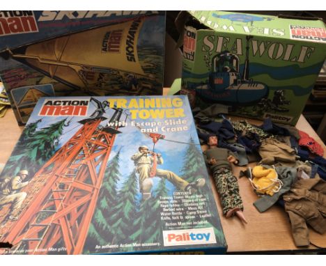 Action man figure, clothes and accessories, including Training tower, Skyhawk and Sea Wolf