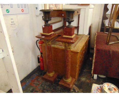 A pair of Red marble and Ormulu columns with Bronze Urns, Urns 44.5cm H 24cm D, Plinth 104cm H Square tops for plinth 42cm