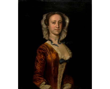 FOLLOWER OF GEORGE KNAPTON PORTRAIT OF A LADY  half length in lace cap with blue ribbons and pearls, feigned oval, oil on can