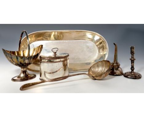 AN OVAL SHEFFIELD PLATE TEA CADDY AND FIVE OTHER ARTICLES, C1770-EARLY 19TH C  comprising taperstick, wine funnel, sugar bask