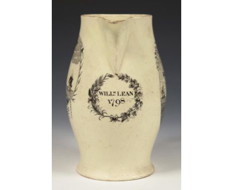 A CREAMWARE JUG, DATED 1798  with two black transfer prints of RETURNING HOPES and THE SAILOR'S DEPARTURE,  the subsidiary pr