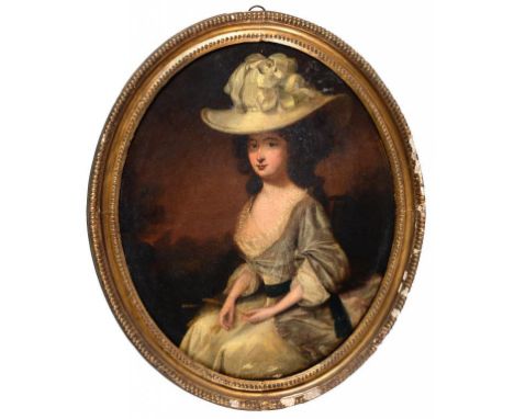 ENGLISH SCHOOL, LATE 18TH CENTURY  PORTRAIT OF A LADY seated three quarter length in pale blue-grey satin gown and white bonn