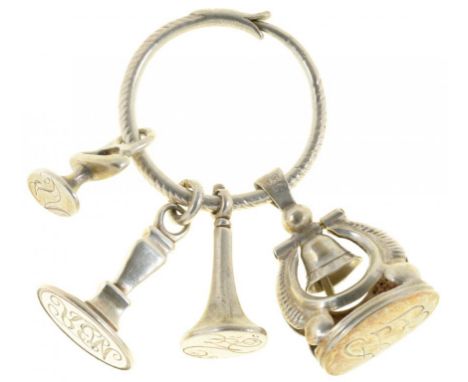 FOUR SILVER FOB SEALS, LATE 18TH C one Continental and incorporating a miniature bell,  all engraved with initials, largest 3