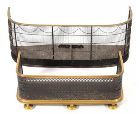 A REGENCY WIRE MESH FENDER WITH BRASS RIM AND AN EARLY VICTORIAN BRASS AND PERFORATED IRON FENDER ON BUN FEET, C1810 AND C184