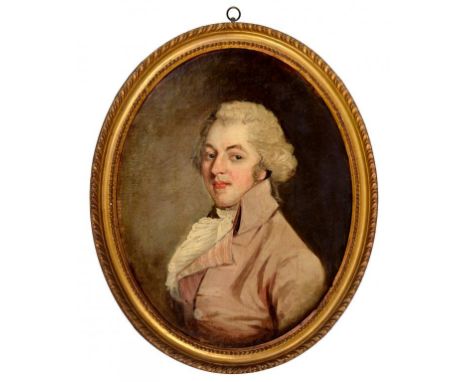 ENGLISH SCHOOL, LATE 18TH C PORTRAIT OF A GENTLEMAN  bust length in a white cravat in pale pink coat, oil on canvas, oval, 38
