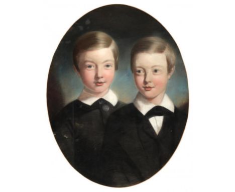 ENGLISH SCHOOL, 19TH C DOUBLE PORTRAIT OF TWO YOUNG BROTHERS bust length in black, pastel, oval, 62.5 x 48.5cm++Lightly foxed