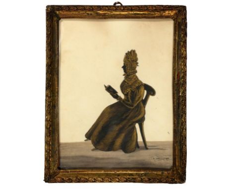 S MELFOR (FL EARLY 19TH C) SILHOUETTE OF A LADY seated full length holding a book, pencilled in gilt on card, 21 x 16cm, hamm