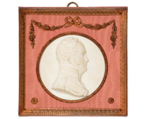A FRENCH BISCUIT PORCELAIN BAS RELIEF PORTRAIT MEDALLION OF ALEXANDER I OF RUSSIA, 19TH C 8.5cm diam, framed++Good condition 