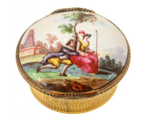 A CONTINENTAL COPPER GILT AND ENAMEL BASKET SHAPED BONBONNIERE, C1780  the lid painted with lovers and an obelisk, 6.5cm diam