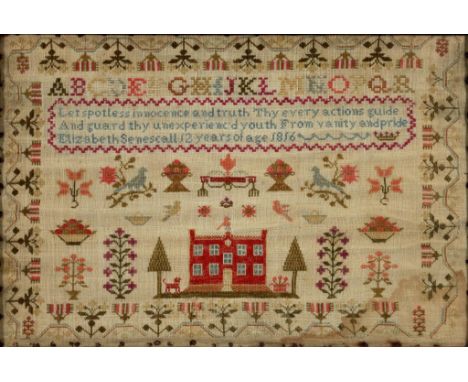 A GEORGE III LINEN SAMPLER, LINCOLNSHIRE, ELIZABETH SENESCALL 12 YEARS OF AGE 1816 worked with red house, dog, birds, flowers