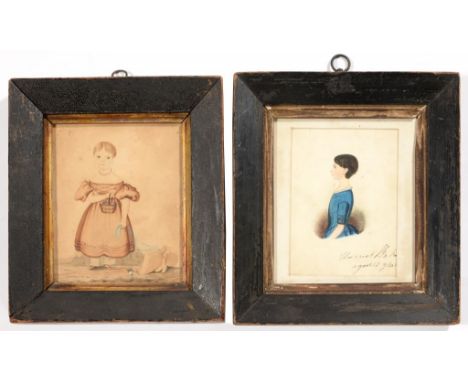 ENGLISH(?) NAIVE ARTIST, EARLY 19TH C PORTRAIT OF A CHILD WITH A BASKET  watercolour, 14 x 11.5 and a slightly later watercol