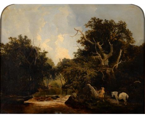 ENGLISH SCHOOL, 19TH C WOODED RIVER LANDSCAPE WITH A SPORTSMAN AND WHITE PONY oil on canvas, arched top, 34.5 x 44.5cm++Appar