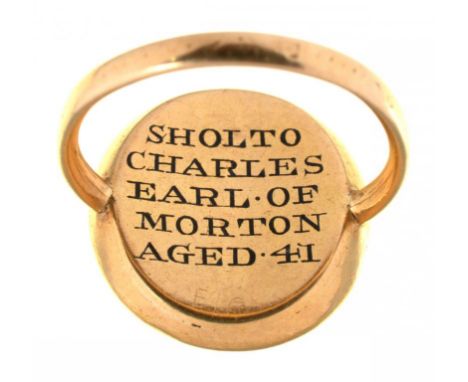 A GOLD AND ENAMEL MOURNING RING, 1774  inset with hair, the reverse enamelled in black SHOLTO CHARLES EARL OF MORTON AGED 41,