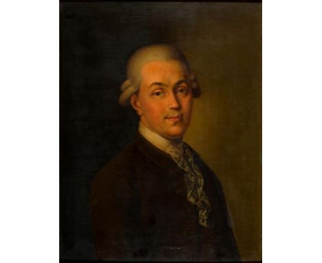 BRITISH SCHOOL, PORTRAIT OF A GENTLEMAN   bust length in a white stock, lace jabot and brown coat, his powdered hair en queue