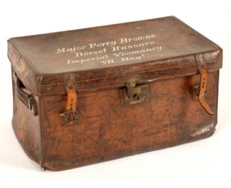 A VICTORIAN STITCHED TAN LEATHER TRAVELLING TRUNK, C1900   the lid painted in white Major Percy Browne Dorset Hussars Imperia