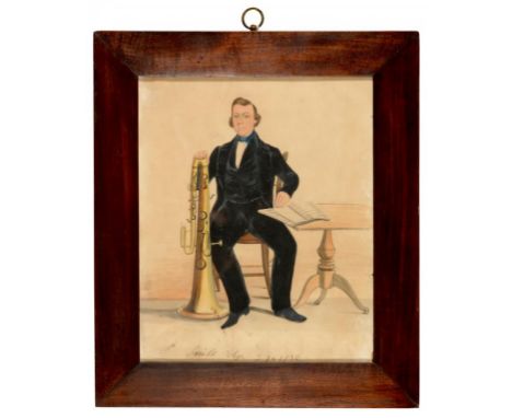 ENGLISH NAIVE ARTIST, 1856 PORTRAIT OF A MUSICIAN  full length, seated at a table his right hand resting on an ophicleide, in