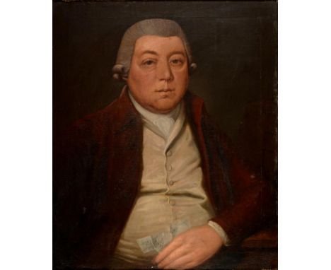 ENGLISH SCHOOL, 1794  PORTRAIT OF A GENTLEMAN  half length in a rust coloured coat, his powdered hair en queue, a letter in h