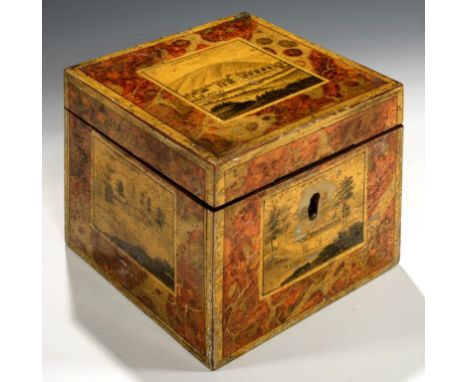 AN UNUSUAL REGENCY TUNBRIDGE PAINTED   WHITEWOOD CUBE TEA CADDY, C1815-20  painted to the lid and all four sides en grisaille