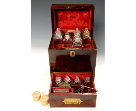 A VICTORIAN RICHLY FIGURED MAHOGANY DOMESTIC MEDICINE CHEST, C1840  the plush lined and fitted interior retaining several ori