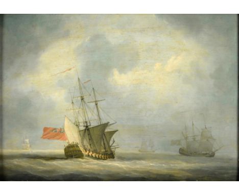 †LOUIS DODD (1943-2006) SHIPS IN A FRESH BREEZE; A BRITISH MAN O'WAR AND OTHER VESSELS a pair, oil on panel, 26.5 x 38cm (2)+