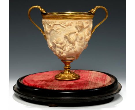 A VICTORIAN ELECTOGILT  MOUNTED SEPIOLITE  REPLICA OF A CLASSICAL ROMAN KANTHAROS BY ELKINGTON &amp; CO, C1860  carved in hig