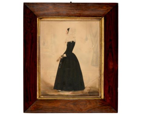 ENGLISH NAIVE ARTIST, 19TH C  PORTRAIT OF A LADY  full length in profile before drapery, ink and watercolour over pencil, 20 