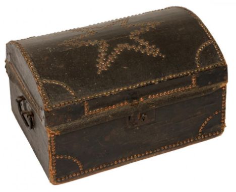 A NORTHERN EUROPEAN BRASS NAILED AND BLACK LEATHER COVERED TRUNK, LATE 18TH/EARLY 19TH C  the coffered lid decorated with a s