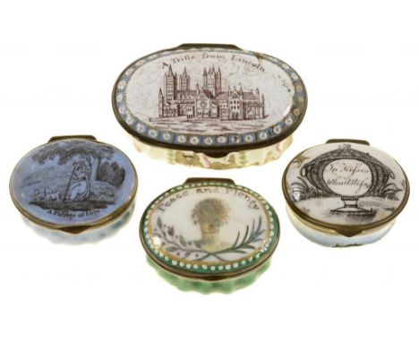 A SOUTH STAFFORDSHIRE ENAMEL BONBONNIERE AND THREE PATCH BOXES, C1780  the lid of the bonbonniere printed with  Lincoln Cathe