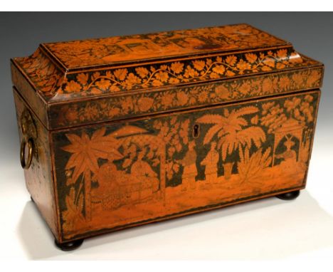 A REGENCY PENWORK TEA CADDY, C1820 of sarcophagus shape, the exterior and interior finely decorated overall with chinoiseries